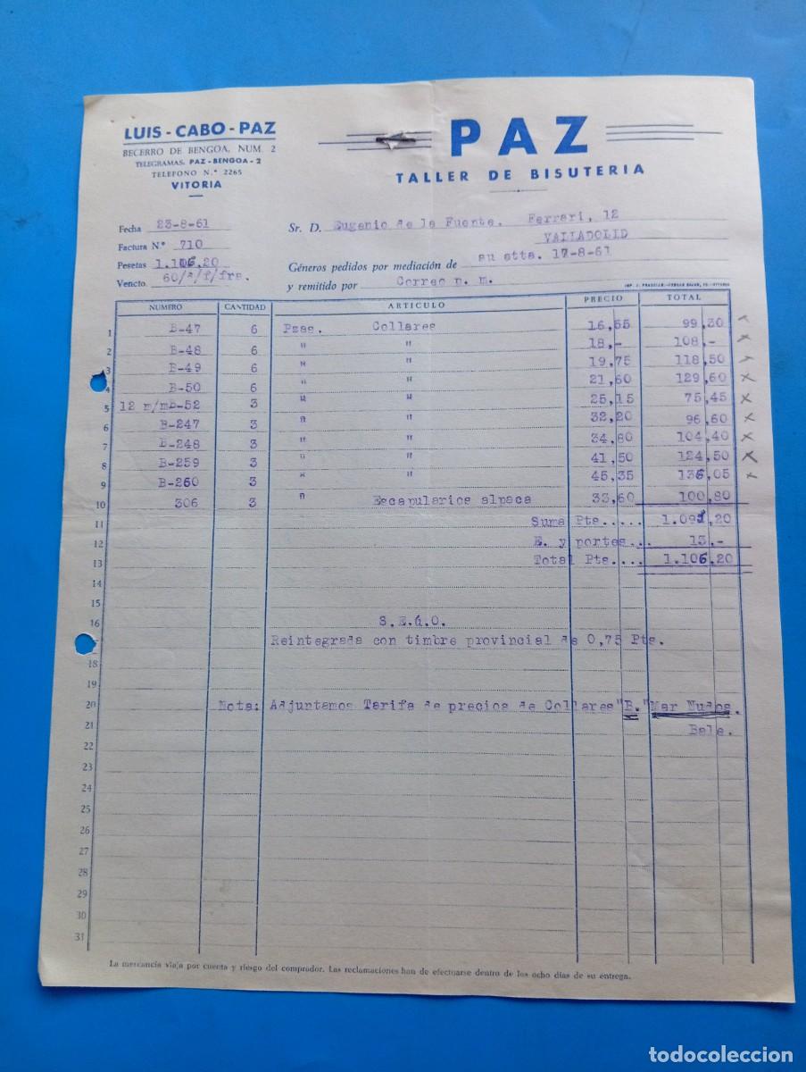 Factures anciennes: FACTURA. VITORIA. 1961. PAZ. TALLER DE BISUTER&Iacute;A. LUIS-CABO-PAZ.