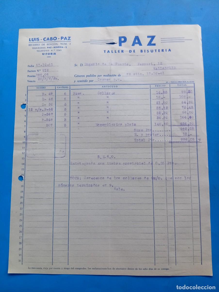 Alte Rechnungen: FACTURA. VITORIA. 1961. PAZ. TALLER DE BISUTER&Iacute;A. LUIS-CABO-PAZ.