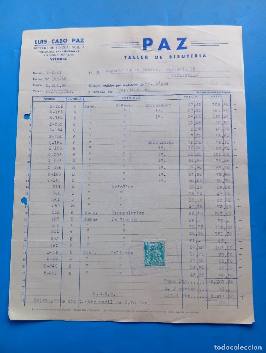 Faturas antigas: FACTURA. VITORIA. 1961. PAZ. TALLER DE BISUTER&Iacute;A. LUIS-CABO-PAZ.