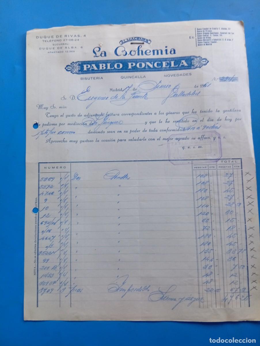 Alte Rechnungen: FACTURA. MADRID. 1961. ALMACENES LA BOHEMIA. PABLO PONCELA. BISUTER&Iacute;A-QUINCALLA-NOVEDADES.