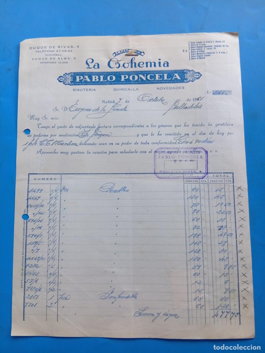 Alte Rechnungen: FACTURA. MADRID. 1961. ALMACENES LA BOHEMIA. PABLO PONCELA. BISUTER&Iacute;A-QUINCALLA-NOVEDADES.