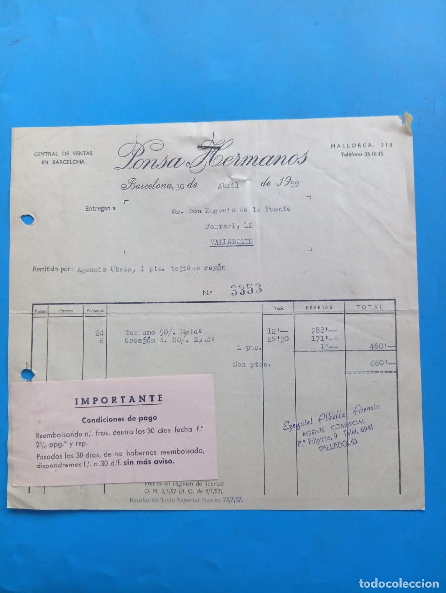 Facturas antiguas: FACTURA. BARCELONA. 1959. PONSA HERMANOS.