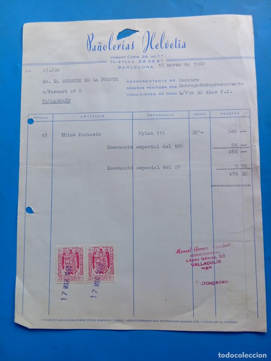 Facturas antiguas: FACTURA. BARCELONA. 1960. PA&Ntilde;OLER&Iacute;AS HELVETIA.