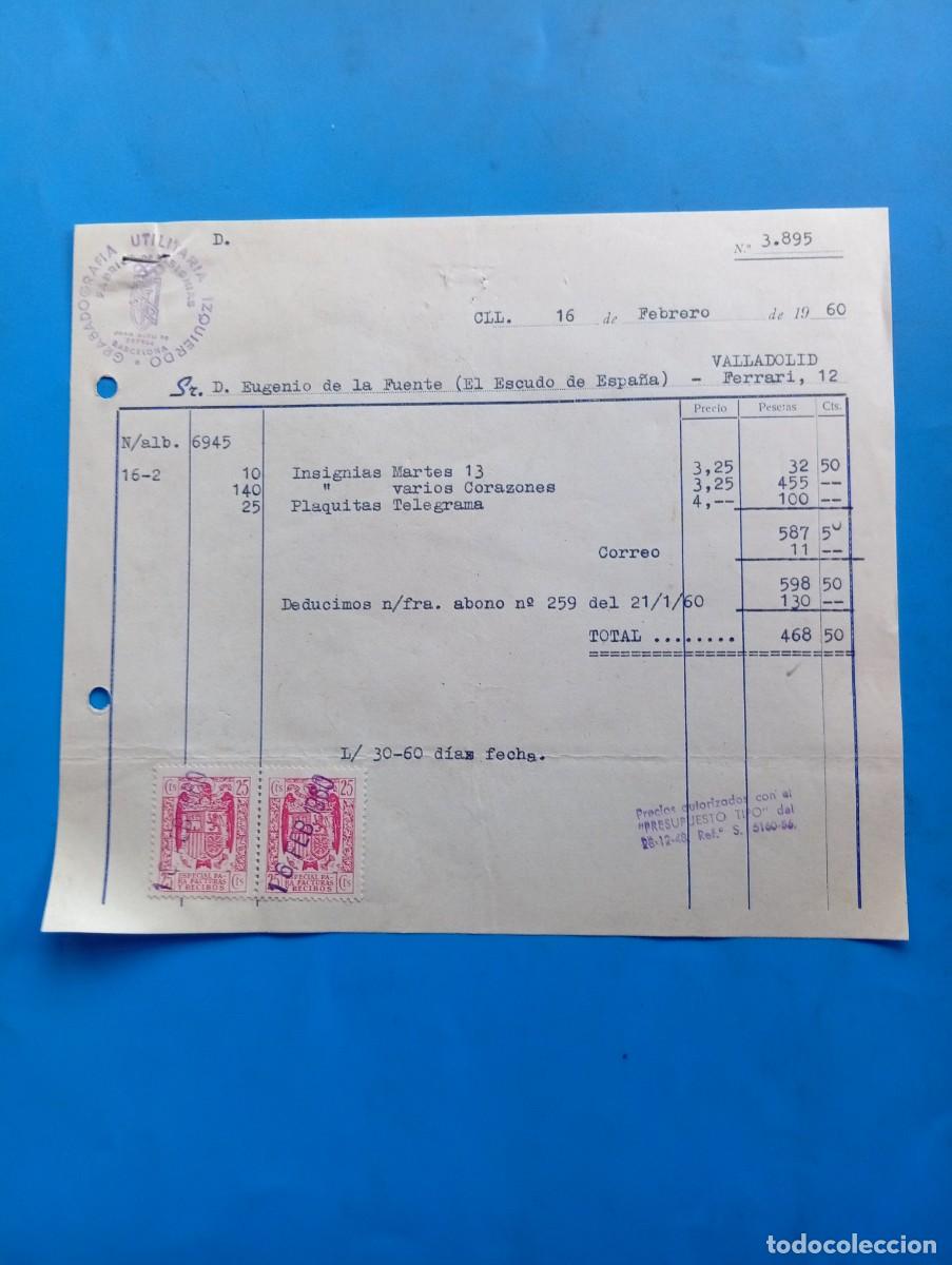 Faturas antigas: FACTURA. VALLADOLID. 1960. GRABADOGRAF&Iacute;A UTILITARIA IZQUIERDO. F&Aacute;BRICA DE INSIGNIAS.
