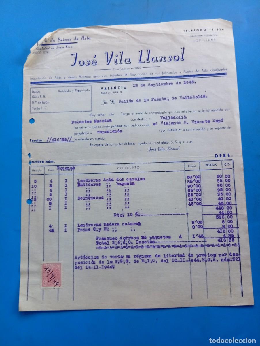 Facturas antiguas: FACTURA. VALENCIA. 1946. F&Aacute;BRICA DE PEINES DE ASTA. JOS&Eacute; VILA LLANSOL.