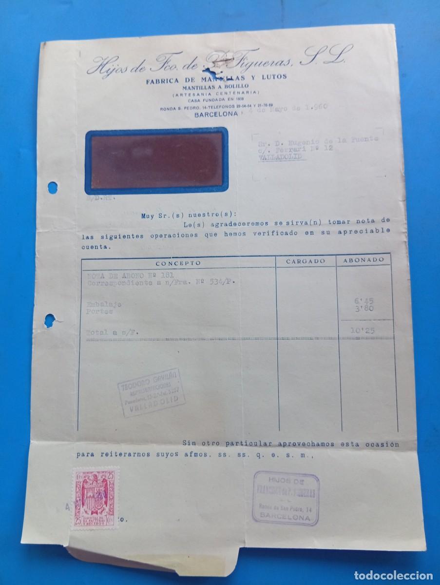 Facturas antiguas: FACTURA. BARCELONA. 1960. F&Aacute;BRICA DE MANTILLAS Y LUTOS. MANTILLAS A BOLILLO. HIJOS DE FCO. FIGUERAS.