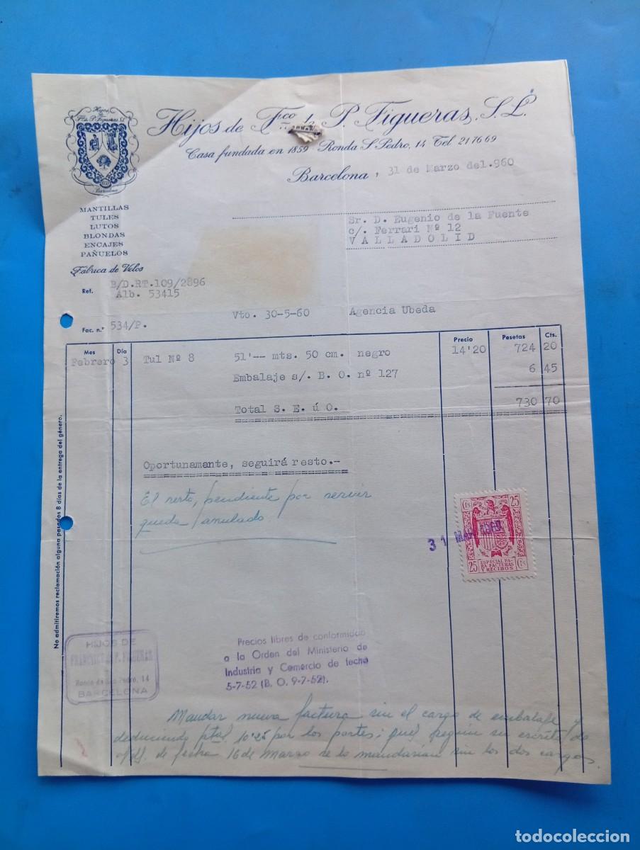 Facturas antiguas: FACTURA. BARCELONA. 1960. F&Aacute;BRICA DE MANTILLAS Y LUTOS. MANTILLAS A BOLILLO. HIJOS DE FCO. FIGUERAS.