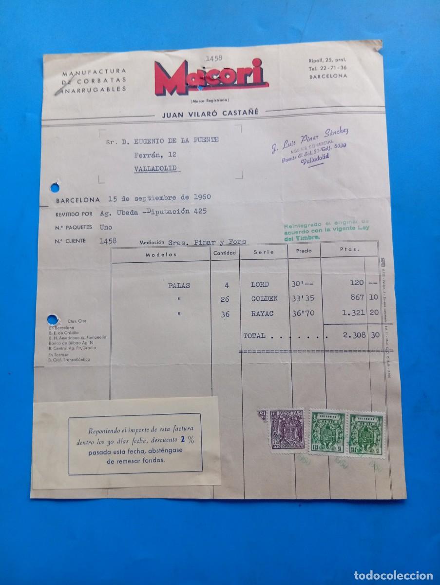 Facturas antiguas: FACTURA. BARCELONA. 1960. MACORI. MANUFACTURA DE CORBATAS INARRUGABLES. JUAN VILAR&Oacute; CASTA&Ntilde;&Eacute;.