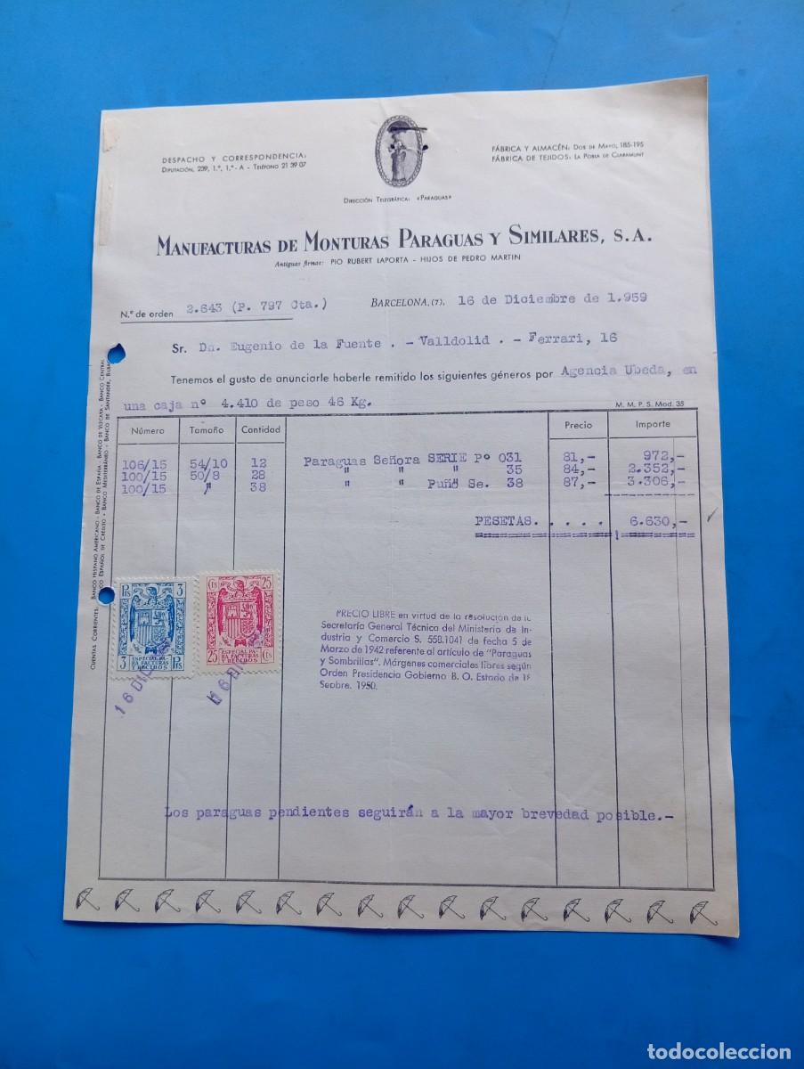 Facturas antiguas: FACTURA. BARCELONA. 1959. MANUFACTURAS DE MONTURAS PARAGUAS Y SIMILARES, S. A.