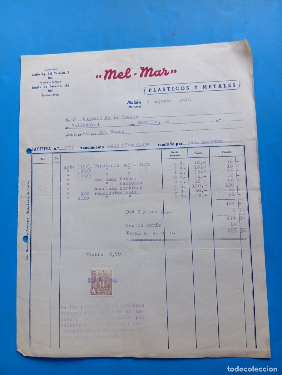 Facturas antiguas: FACTURA. MAH&Oacute;N, MALLORCA. 1960. PLASTICOS Y METALES. &rdquo;MEL-MAR&rdquo;.