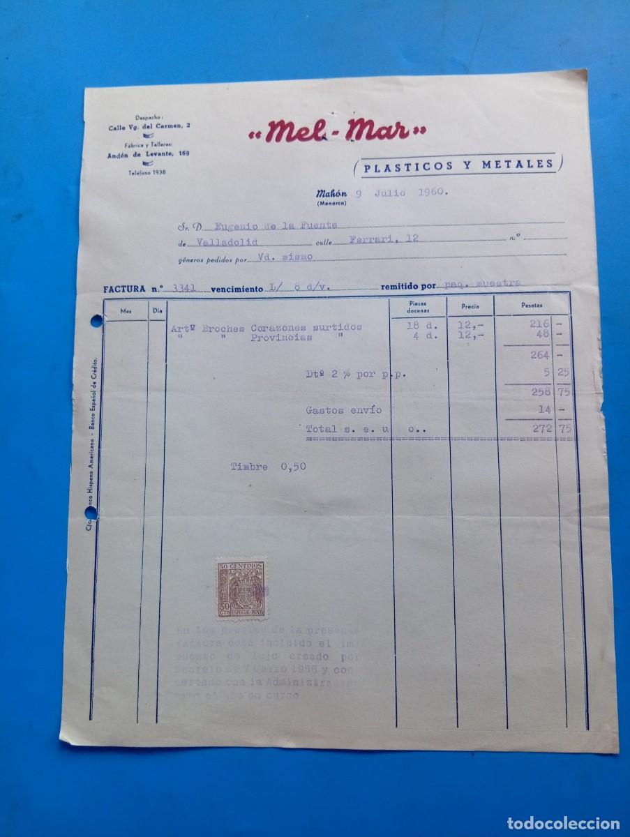 Facturas antiguas: FACTURA. MAH&Oacute;N, MALLORCA. 1960. PLASTICOS Y METALES. &rdquo;MEL-MAR&rdquo;.