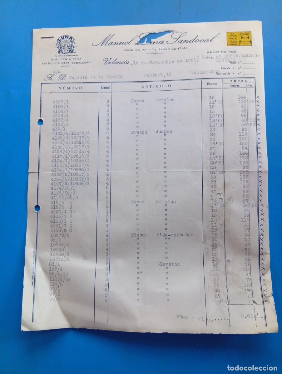 Old Invoices: FACTURA. VALENCIA. 1961. BISUTER&Iacute;A FINA. ART&Iacute;CULOS PARA CABALLERO. MANUEL LUNA SANDOVAL. 2 HOJAS.