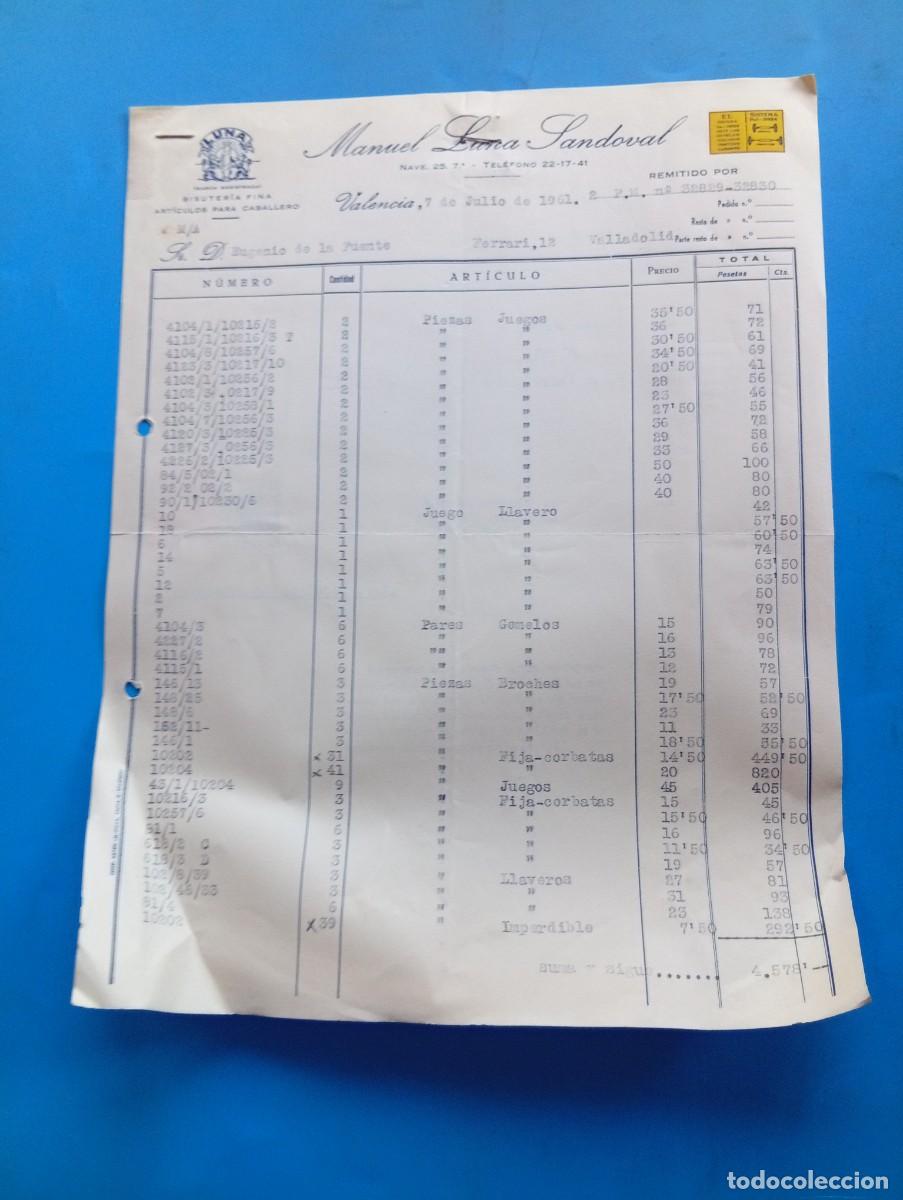 Old Invoices: FACTURA. VALENCIA. 1961. BISUTER&Iacute;A FINA. ART&Iacute;CULOS PARA CABALLERO. MANUEL LUNA SANDOVAL. 2 HOJAS.