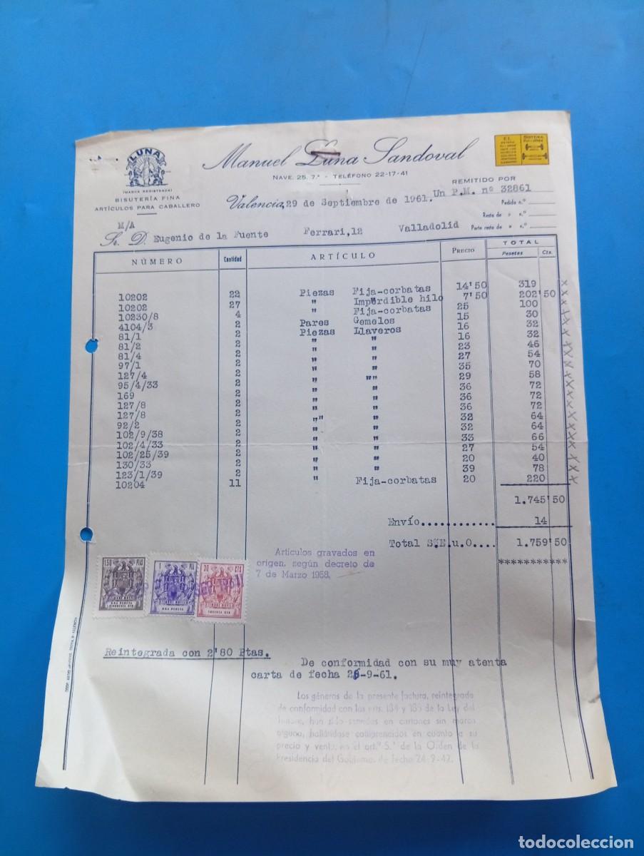 Old Invoices: FACTURA. VALENCIA. 1961. BISUTER&Iacute;A FINA. ART&Iacute;CULOS PARA CABALLERO. MANUEL LUNA SANDOVAL.