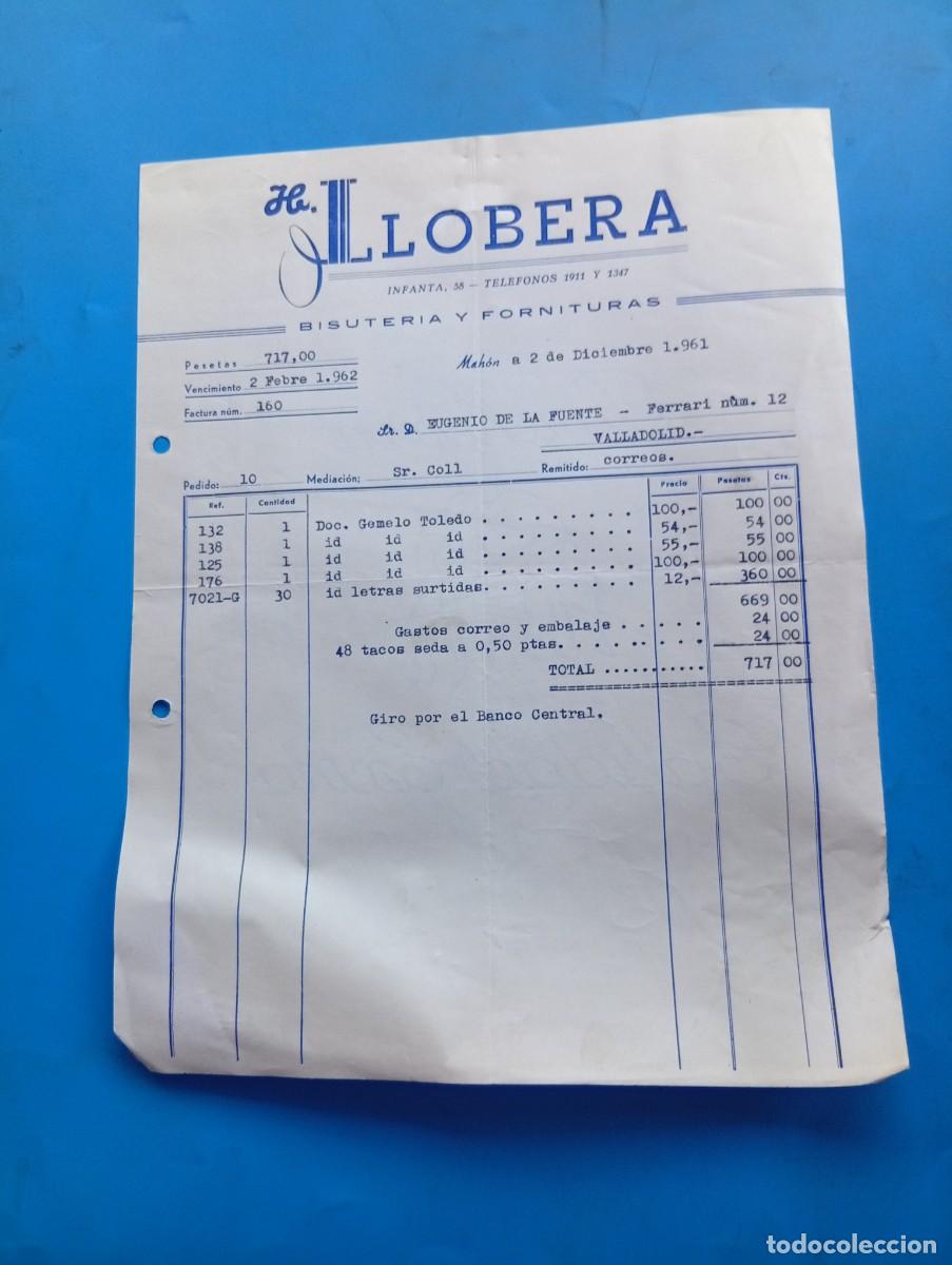 Old Invoices: FACTURA. MAH&Oacute;N, MALLORCA. 1961. BISUTER&Iacute;A Y FORNITURAS. H. LLOBERA.