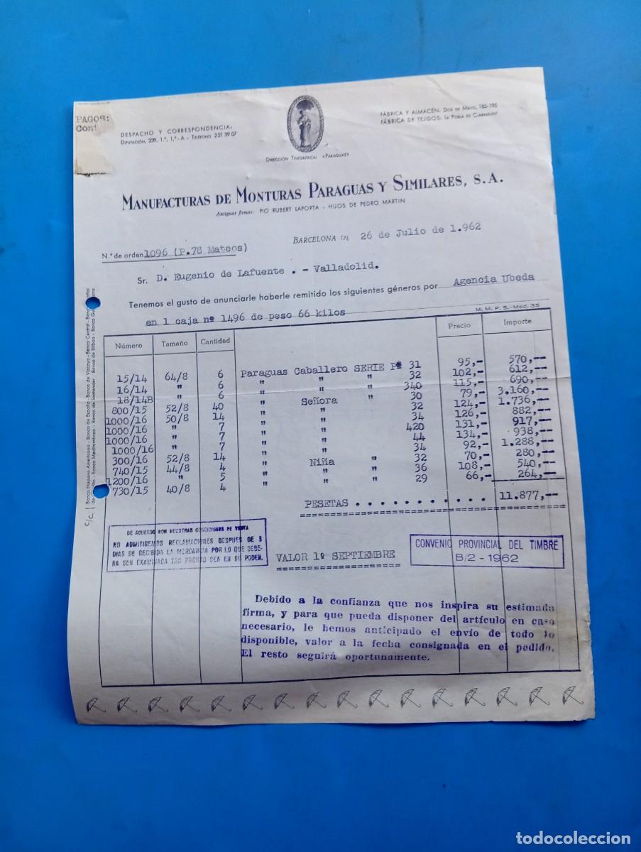 Old Invoices: FACTURA. BARCELONA. 1962. MANUFACTURAS DE MONTURAS PARAGUAS Y SIMILARES, S. A.