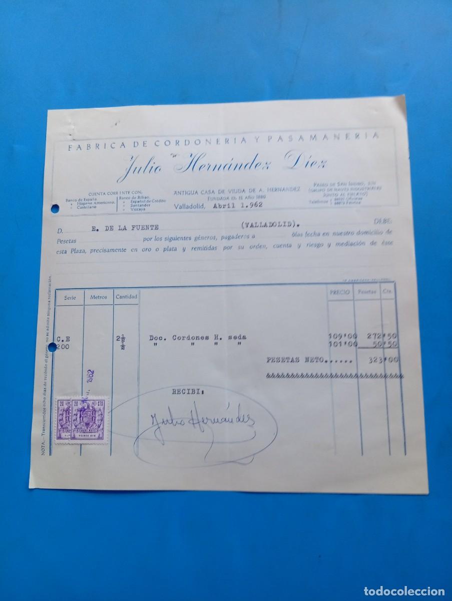 Facturas antiguas: FACTURA. VALLADOLID. 1962. F&Aacute;BRICA DE CORDONER&Iacute;A Y PASAMANER&Iacute;A. JULIO HERN&Aacute;NDEZ.