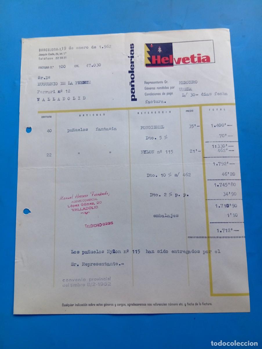 Facturas antiguas: FACTURA. BARCELONA. 1962. PA&Ntilde;OLER&Iacute;AS HELVETIA.