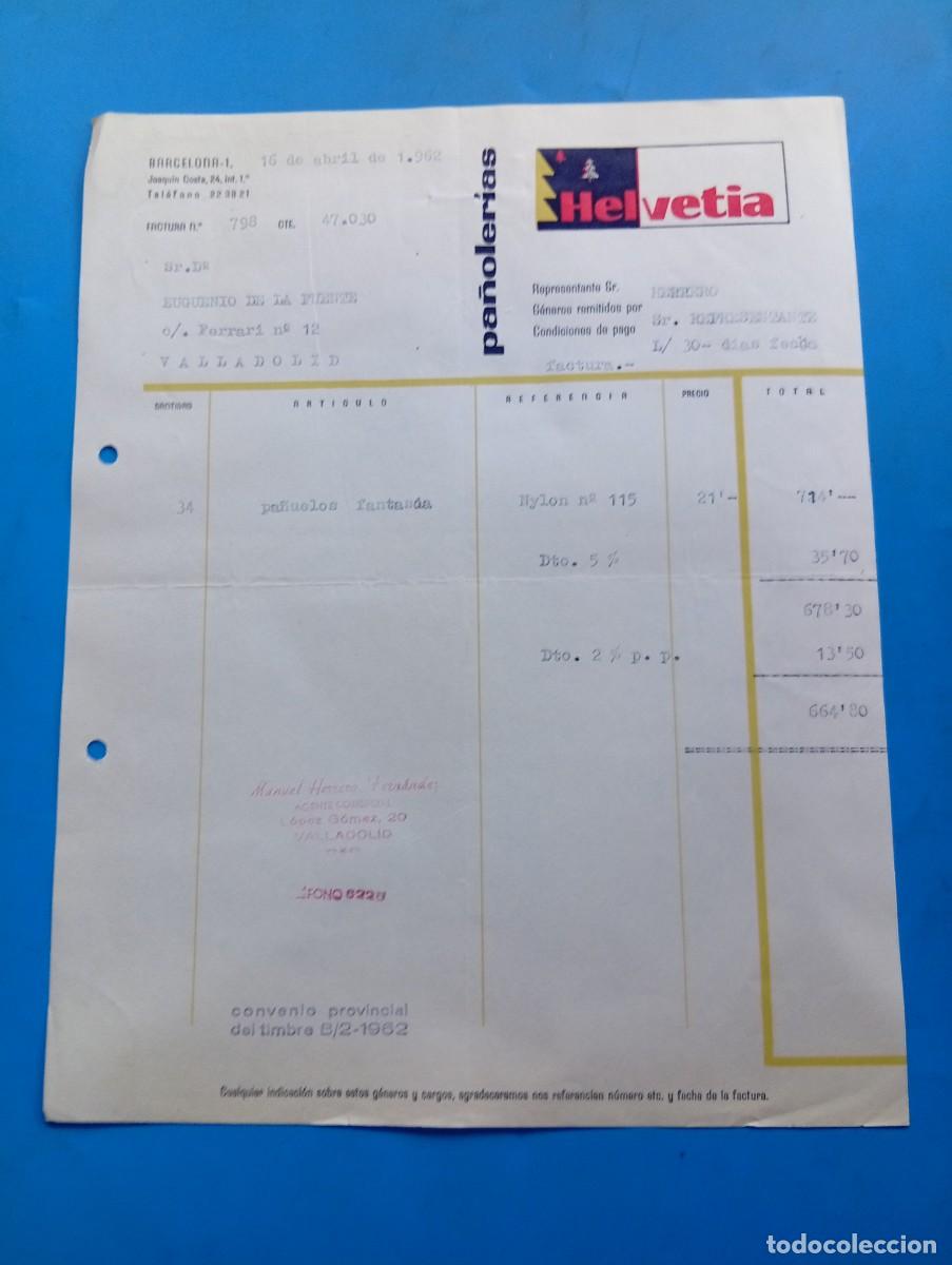Facturas antiguas: FACTURA. BARCELONA. 1962. PA&Ntilde;OLER&Iacute;AS HELVETIA.