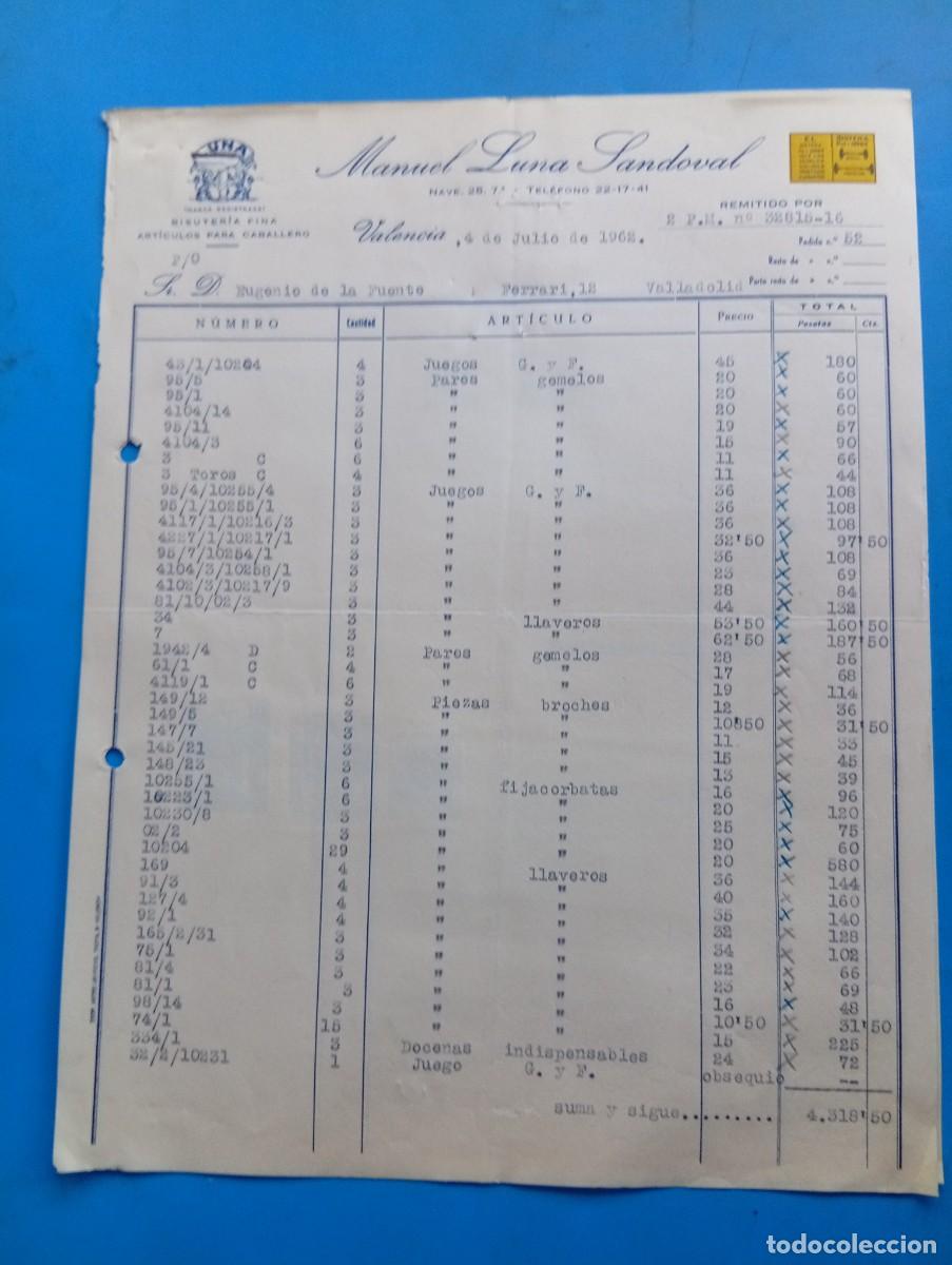 Factures anciennes: FACTURA. VALENCIA. 1962. BISUTER&Iacute;A FINA. ART&Iacute;CULOS PARA CABALLEROS. MANUEL LUNA SANDOVAL. 2 HOJAS.