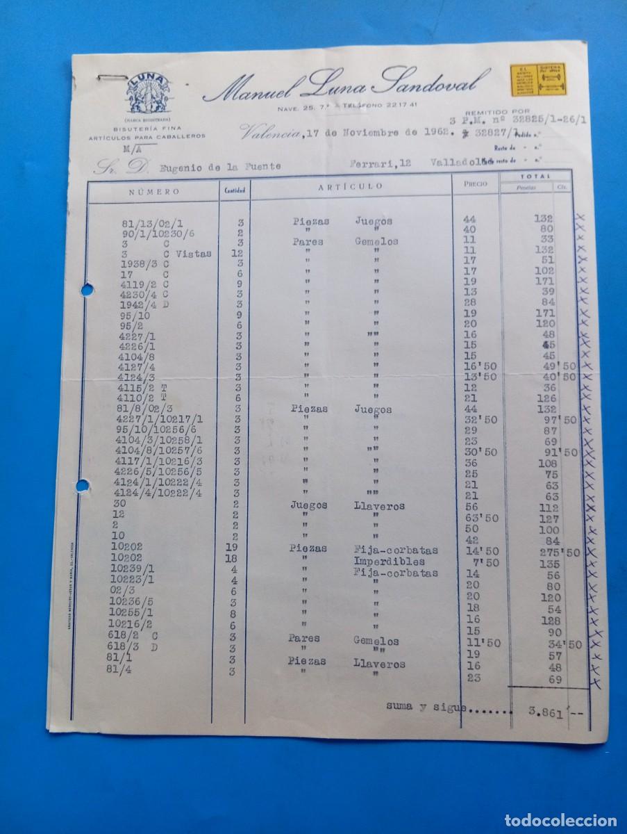 Old Invoices: FACTURA. VALENCIA. 1962. BISUTER&Iacute;A FINA. ART&Iacute;CULOS PARA CABALLEROS. MANUEL LUNA SANDOVAL. 2 HOJAS.