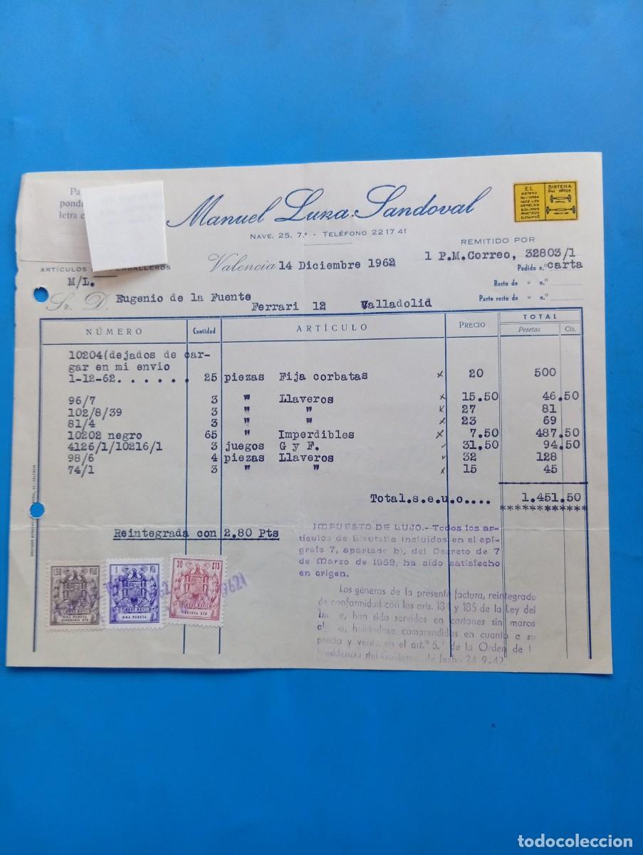 Old Invoices: FACTURA. VALENCIA. 1962. BISUTER&Iacute;A FINA. ART&Iacute;CULOS PARA CABALLEROS. MANUEL LUNA SANDOVAL.