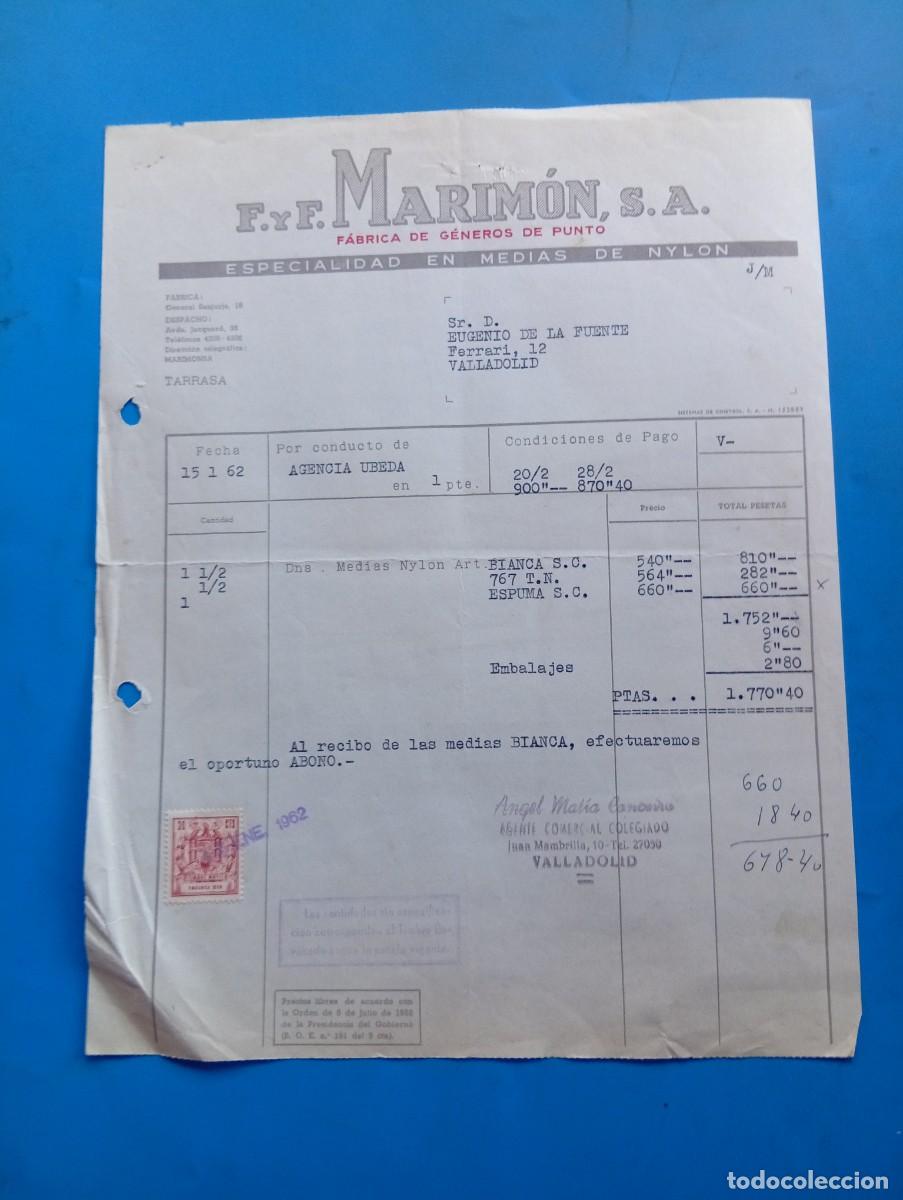 Fatture antiche: FACTURA. TARRASA, BARCELONA. 1962. F. Y F. MARIM&Oacute;N,S.A. F&Aacute;BRICA DE GENEROS DE PUNTO. MEDIAS DE NYLON