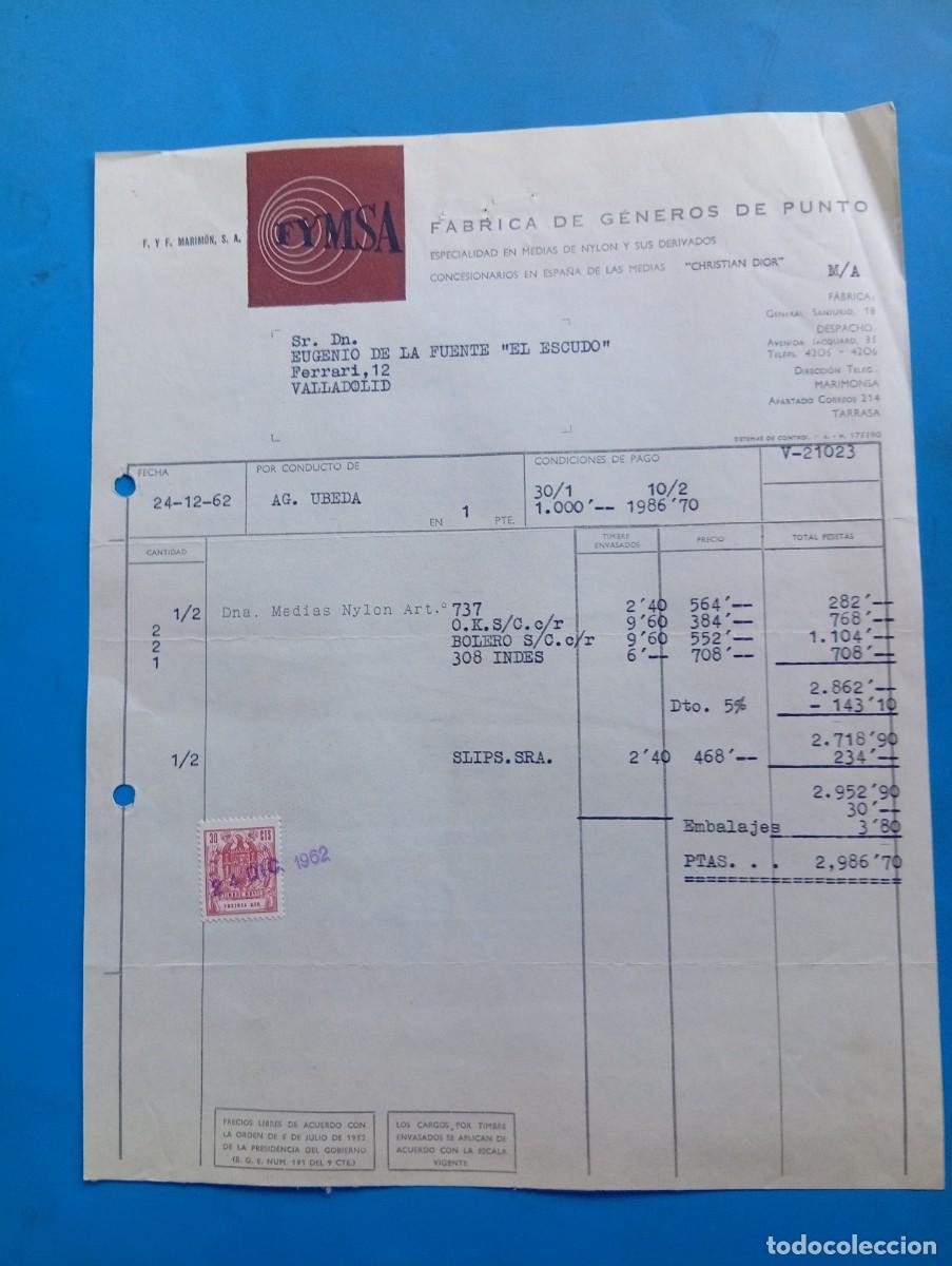 Fatture antiche: FACTURA. TARRASA, BARCELONA. 1962. F. Y F. MARIM&Oacute;N,S.A. F&Aacute;BRICA DE GENEROS DE PUNTO. MEDIAS DE NYLON