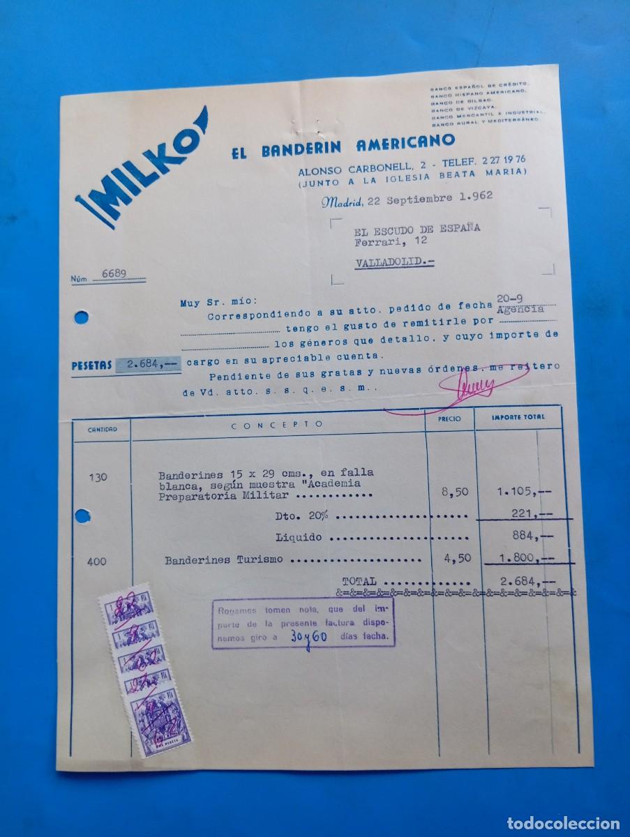 Facturas antiguas: FACTURA. MADRID. 1962. EL BANDERIN AMERICANO. MILKO.