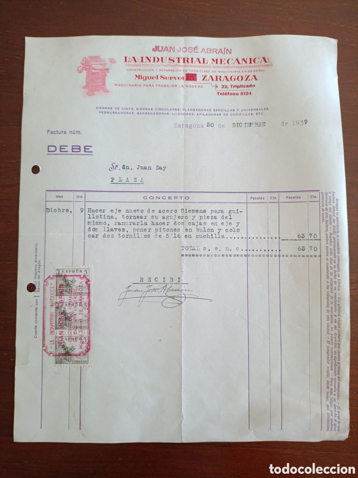 Facturas antiguas: FACTURA LA INDUSTRIAL MEC&Aacute;NICA JUAN JOSE ABRAIN A&Ntilde;OS 30 ZARAGOZA