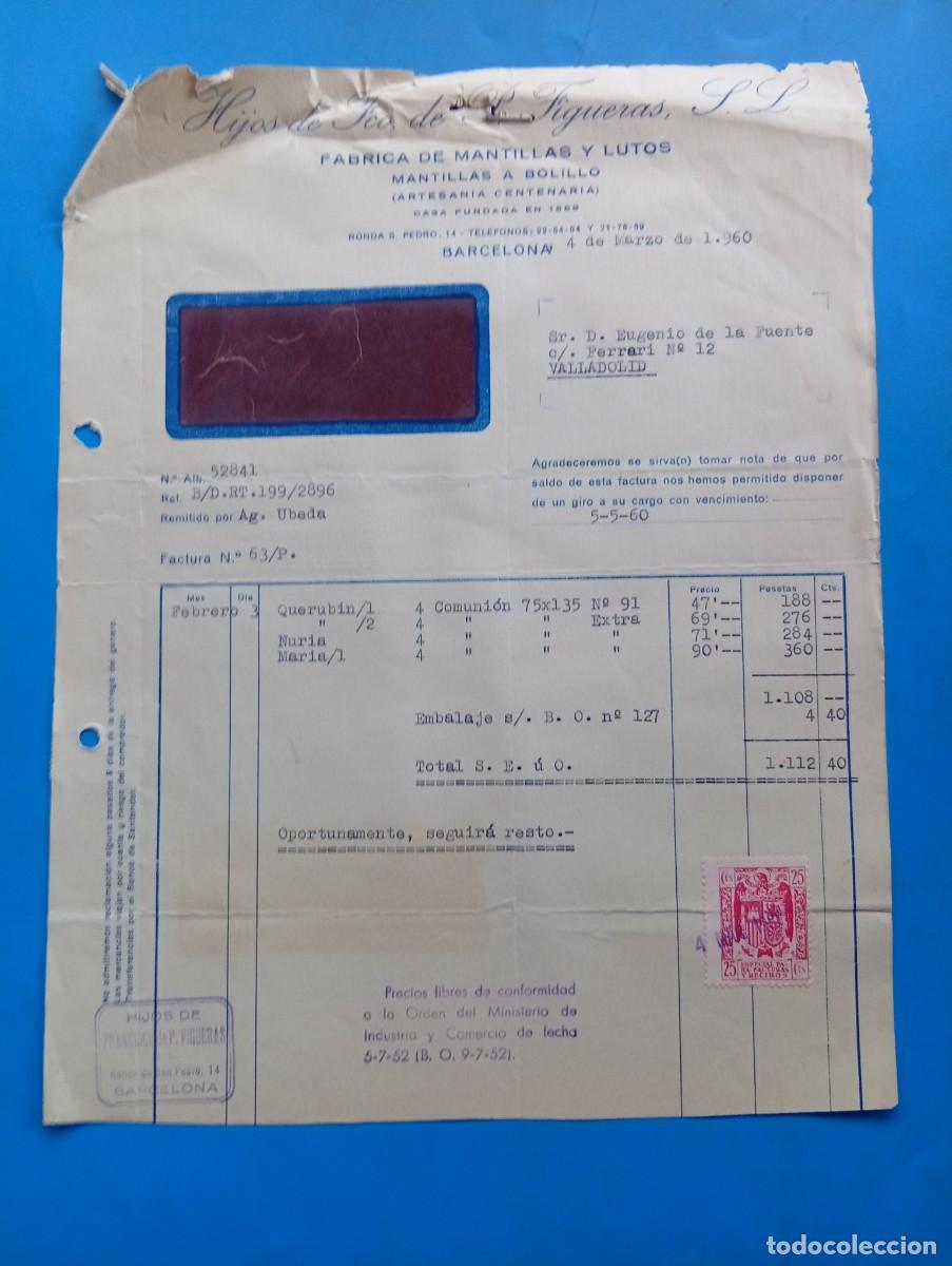 Facturas antiguas: FACTURA. BARCELONA. 1960. F&Aacute;BRICA DE MANTILLAS Y LUTOS. MANTILLAS A BOLILLO. HIJOS DE FCO. FIGUERAS.
