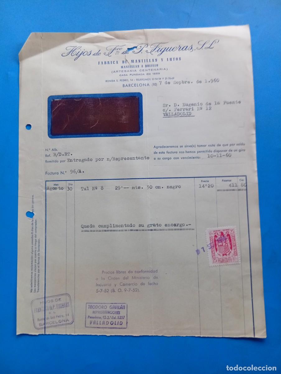 Facturas antiguas: FACTURA. BARCELONA. 1960. F&Aacute;BRICA DE MANTILLAS Y LUTOS. MANTILLAS A BOLILLO. HIJOS DE FCO. FIGUERAS.