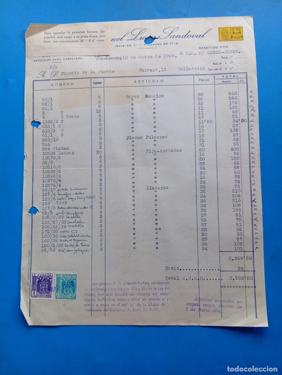 Facturas antiguas: FACTURA. VALENCIA. 1960. BISUTER&Iacute;A FINA. ART&Iacute;CULOS PARA CABALLEROS. MANUEL LUNA SANDOVAL.