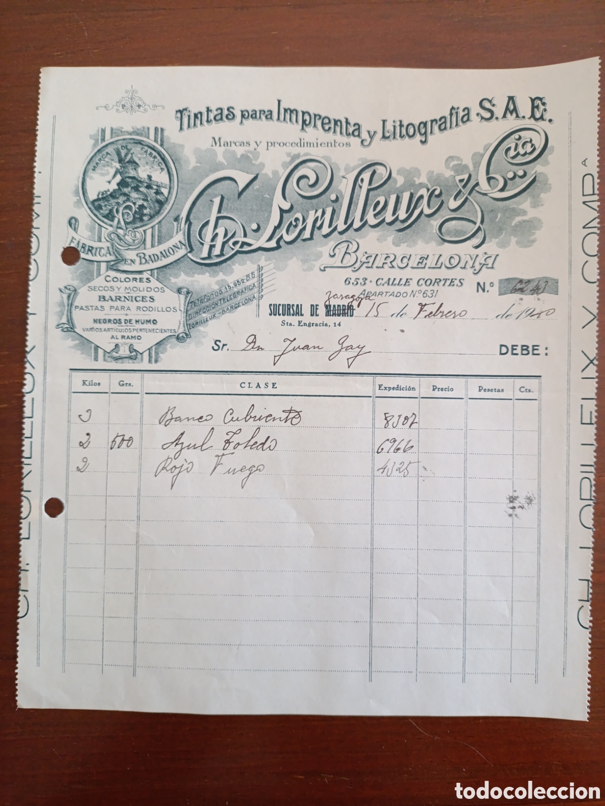 Facturas antiguas: FACTURA CH&deg;LORIREUX FABRICA EN BADALONA A&Ntilde;OS 30 BARCELONA