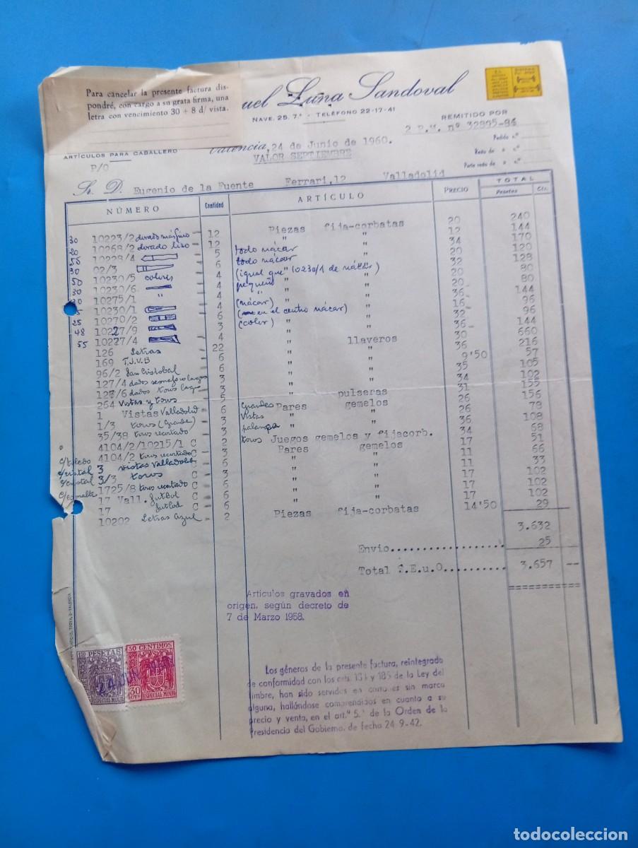 Facturas antiguas: FACTURA. VALENCIA. 1960. BISUTER&Iacute;A FINA. ART&Iacute;CULOS PARA CABALLEROS. MANUEL LUNA SANDOVAL.
