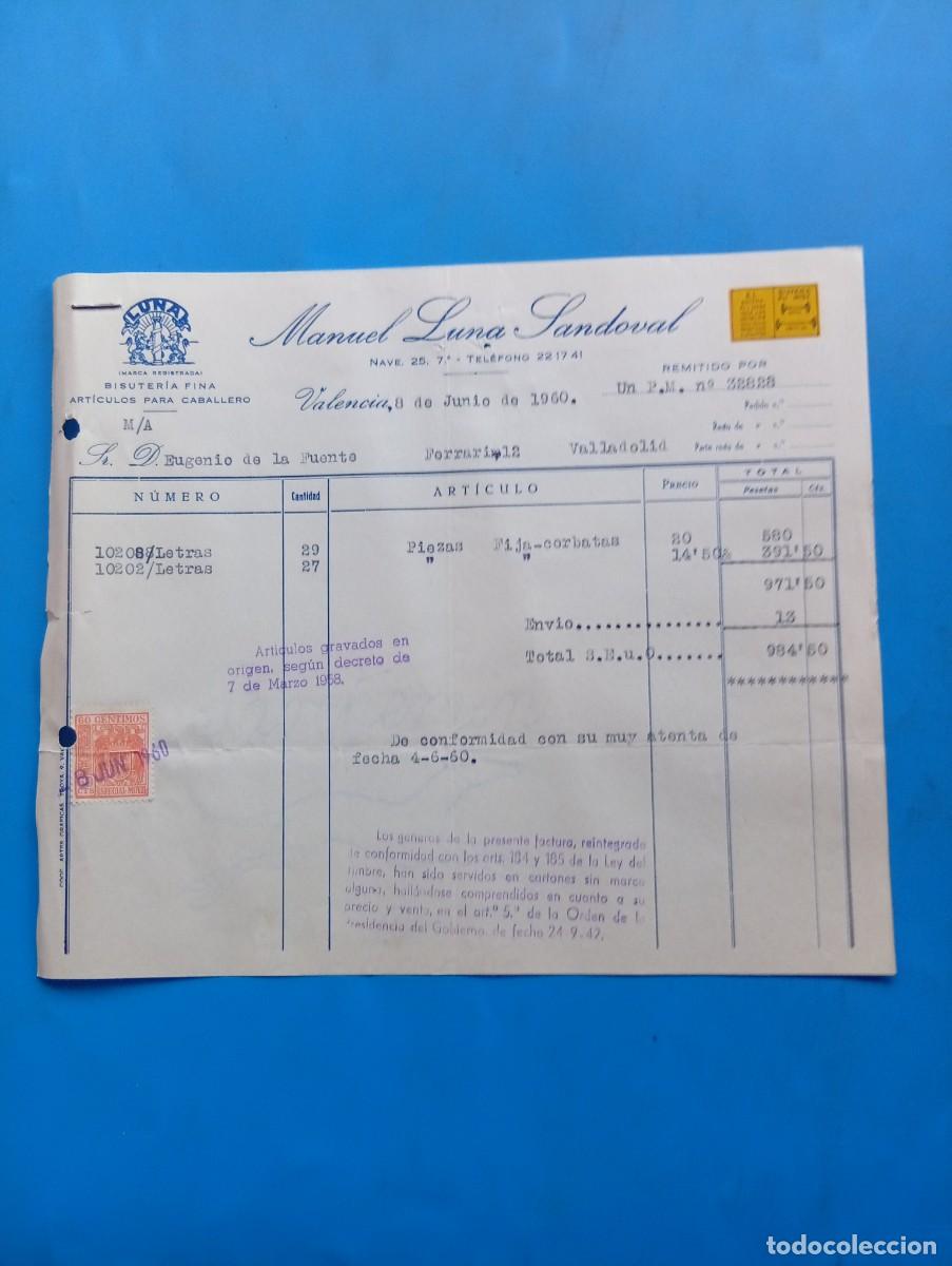 Facturas antiguas: FACTURA. VALENCIA. 1960. BISUTER&Iacute;A FINA. ART&Iacute;CULOS PARA CABALLEROS. MANUEL LUNA SANDOVAL.