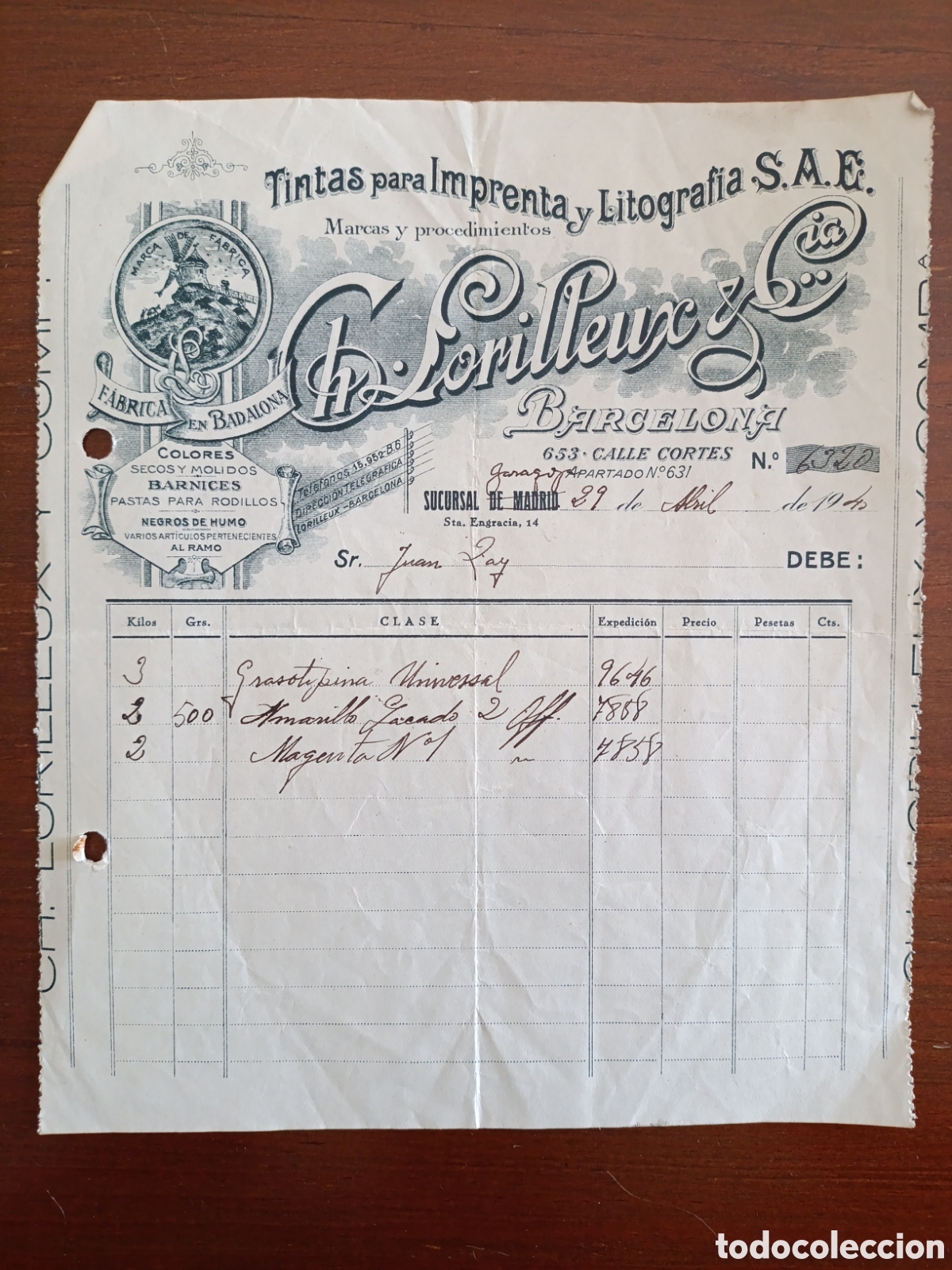 Fatture antiche: FACTURA CH&deg;LORIREUX FABRICA EN BADALONA A&Ntilde;OS 30 BARCELONA