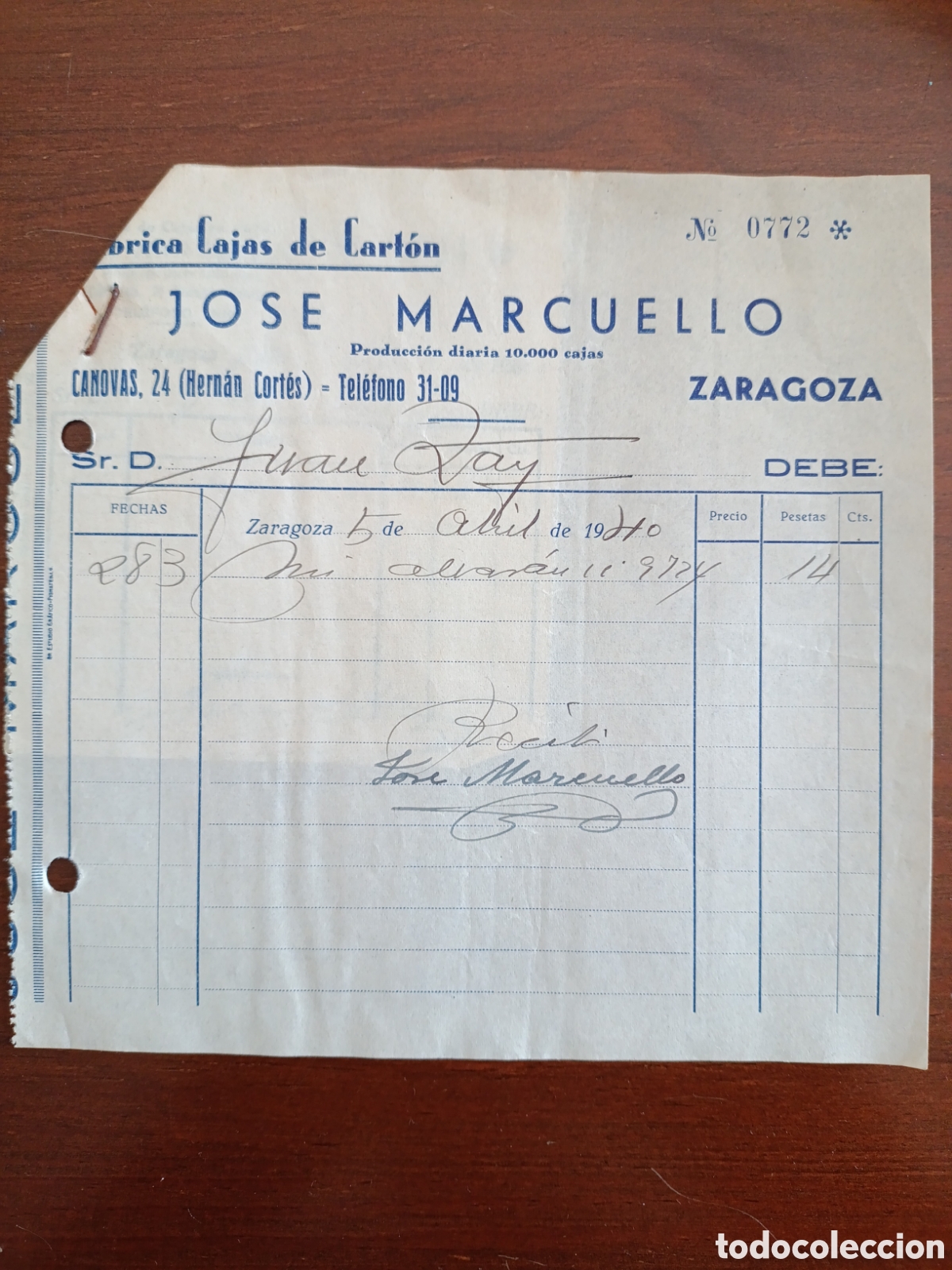 Fatture antiche: FACTURA FABRICA CABAS DE CART&Oacute;N JOSE MARCUELLO A&Ntilde;OS 30 ZARAGOZA