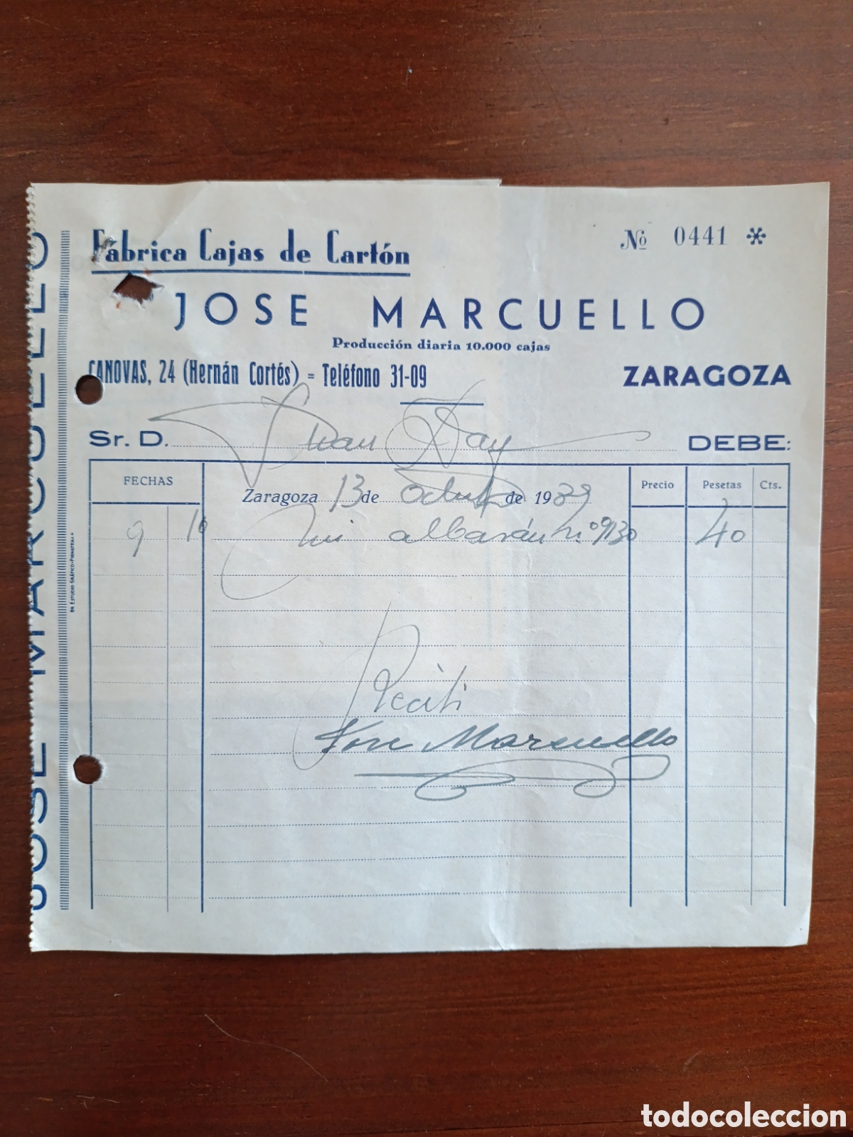 Fatture antiche: FACTURA FABRICA CABAS DE CART&Oacute;N JOSE MARCUELLO A&Ntilde;OS 30 ZARAGOZA