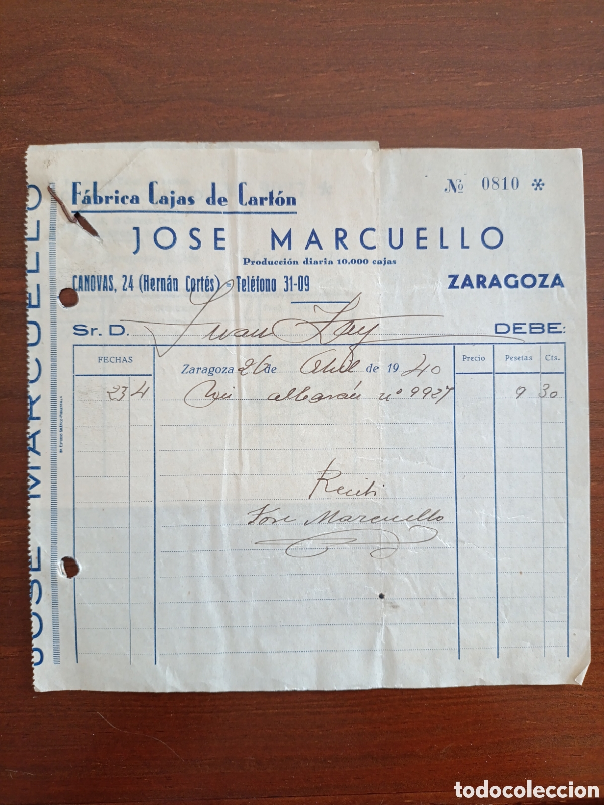 Factures anciennes: FACTURA FABRICA CABAS DE CART&Oacute;N JOSE MARCUELLO A&Ntilde;OS 30 ZARAGOZA