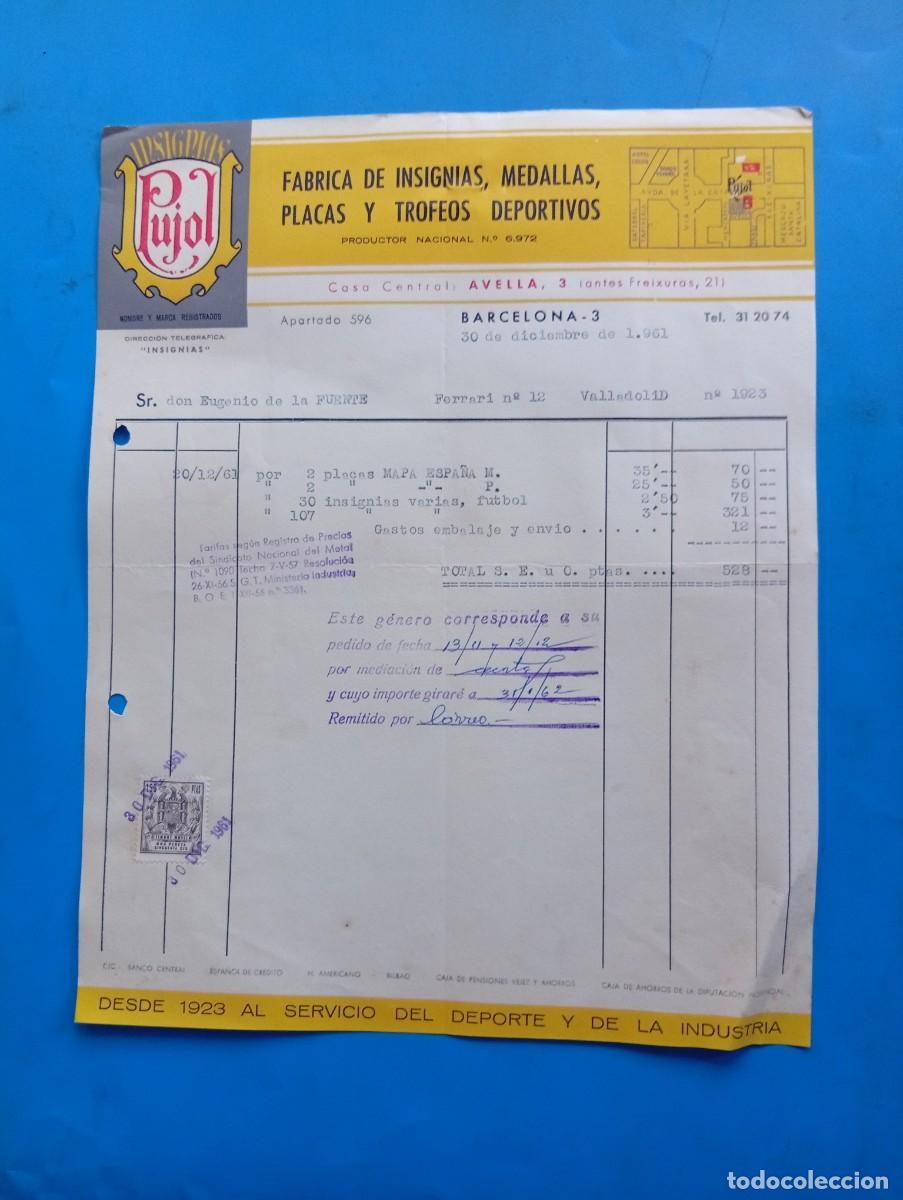 Factures anciennes: FACTURA. BARCELONA. 1961. INSIGNIAS PUJOL. F&Aacute;BRICA DE INSIGNIAS-MEDALLAS-PLACAS-TROFEOS DEPORTIVOS.