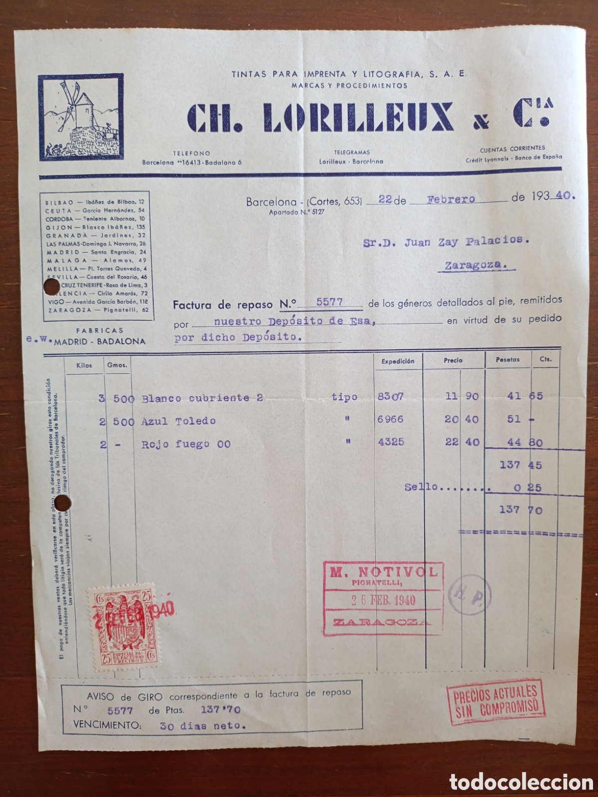 Alte Rechnungen: FACTURA CH. LORILLEUX Y C.IA A&Ntilde;OS 30 ZARAGOZA