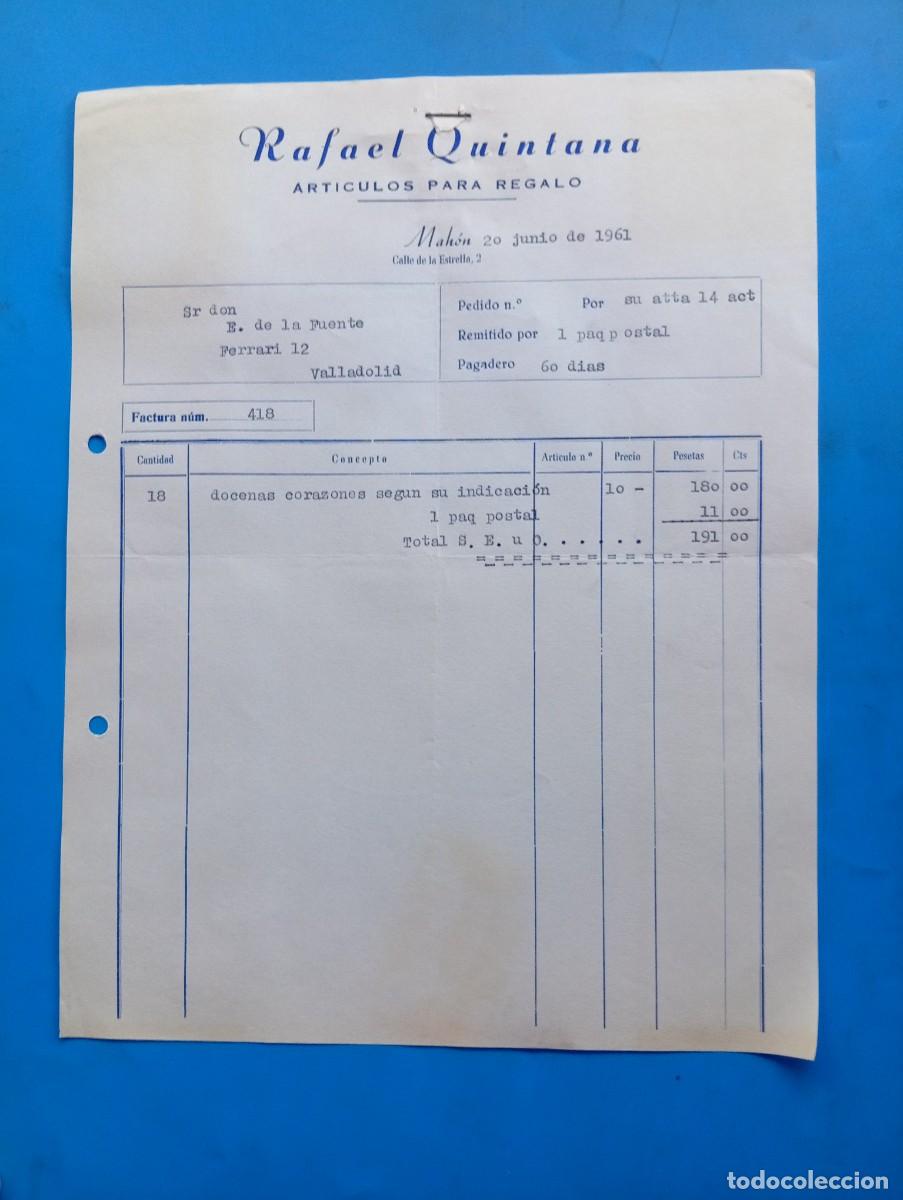 Facturas antiguas: FACTURA. MAH&Oacute;N, MALLORCA. 1961. ART&Iacute;CULOS PARA REGALO. RAFAEL QUINTANA.