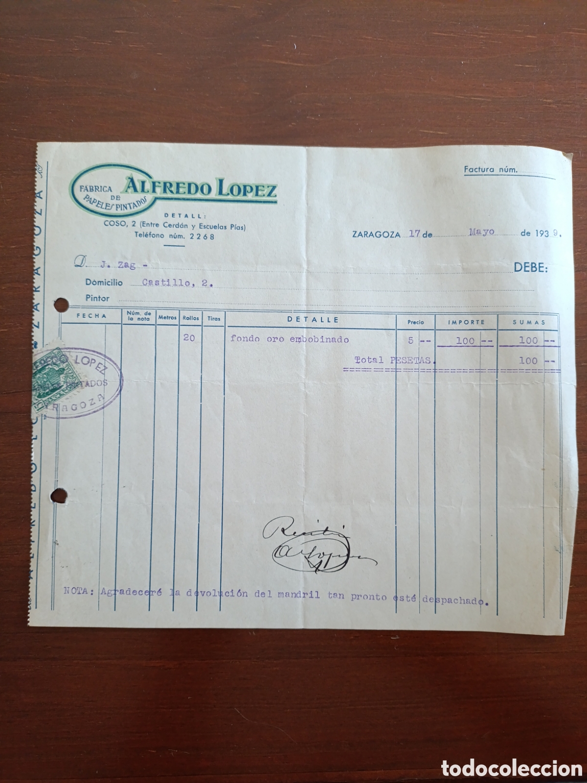 Facturas antiguas: FACTURA FABRICA DE PAPELES PINTADOS ALFREDO LOPEZ A&Ntilde;OS 30 ZARAGOZA