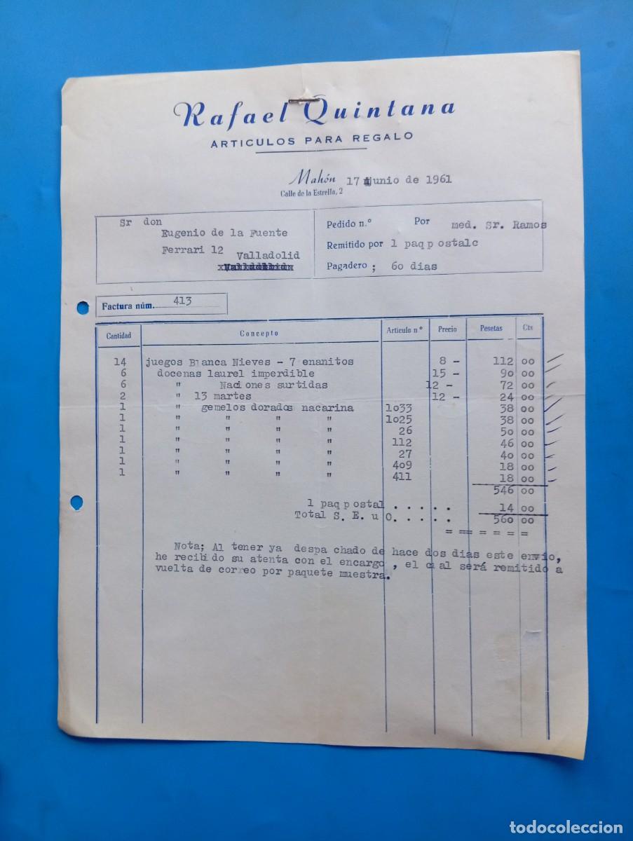 Facturas antiguas: FACTURA. MAH&Oacute;N, MALLORCA. 1961. ART&Iacute;CULOS PARA REGALO. RAFAEL QUINTANA.