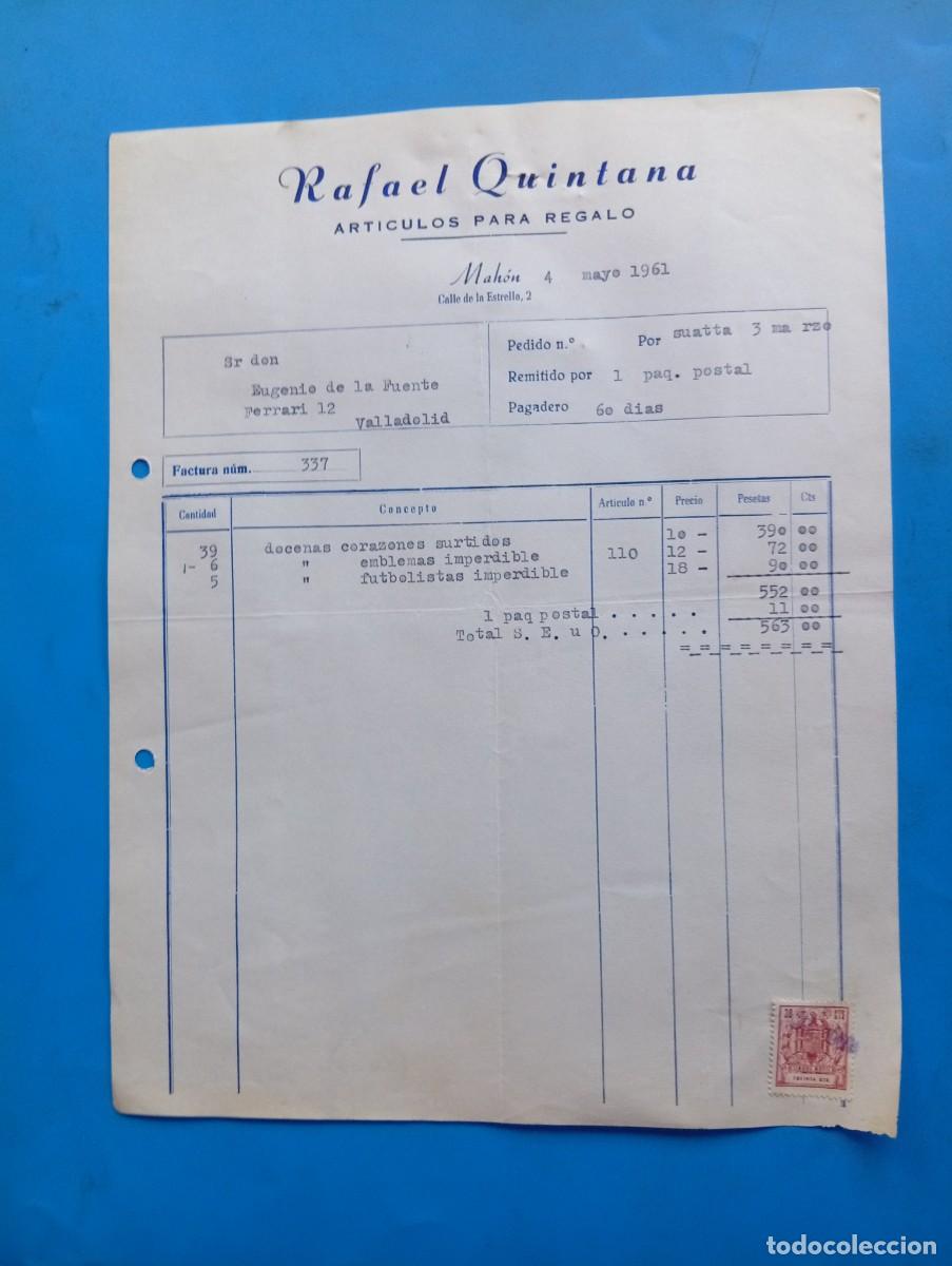 Facturas antiguas: FACTURA. MAH&Oacute;N, MALLORCA. 1961. ART&Iacute;CULOS PARA REGALO. RAFAEL QUINTANA.