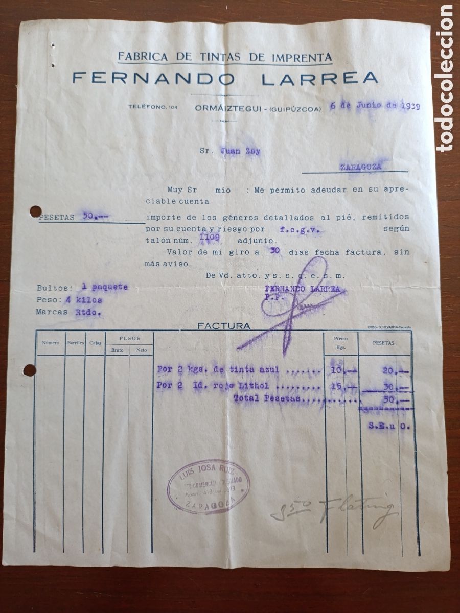 Facturas antiguas: FACTURA F&Aacute;BRICA DE TINTAS DE IMPRENTA FERNANDO LARREA A&Ntilde;OS 30 ZARAGOZA