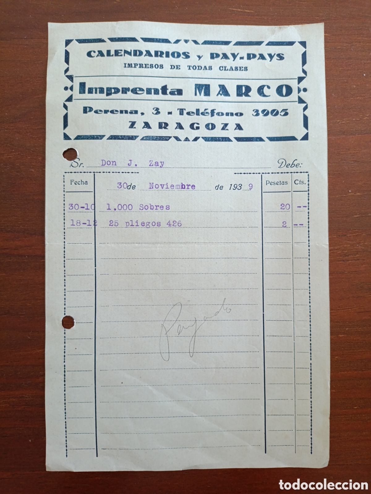Facturas antiguas: FACTURA IMPRENTA MARCO A&Ntilde;OS 30 ZARAGOZA