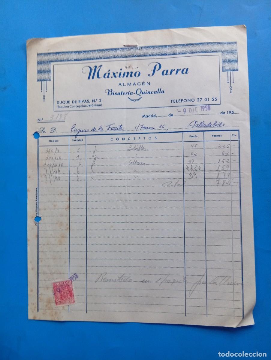 Facturas antiguas: FACTURA. MADRID. 1958. BISUTER&Iacute;A-QUINCALLA. ALMACEN. M&Aacute;XIMO PARRA.