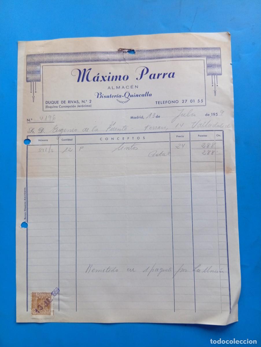 Facturas antiguas: FACTURA. MADRID. 1959. BISUTER&Iacute;A-QUINCALLA. ALMACEN. M&Aacute;XIMO PARRA.